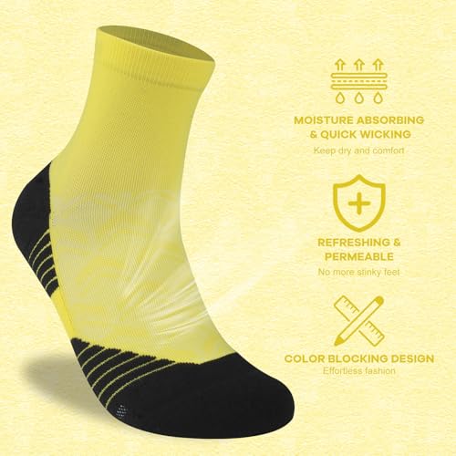 NIcool Cycling Socks For Men, 1/3 Pairs Bright Seamless Compression Running Crew Socks Youth Cushioned Tennis Quarter Socks - color: 3 Pairs Yellow