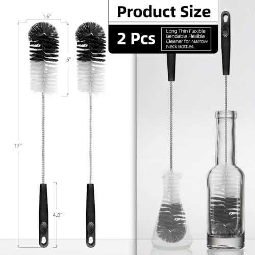 2 Pcs Bottle Brushes Set, 17 Inches Long Thin Flexible Bendable Cleaner - size: 17" Extended