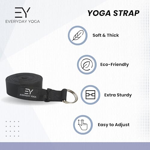 Everyday Yoga Strap with Metal D-Ring Athletic Stretching, 6ft/8ft/10ft - color: Black, size: 6 Foot