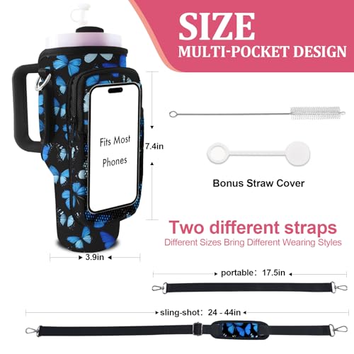 Stanley Carrier Bag for Stanley 40oz/30ozTumbler with Phone with 2 Adjustable Strap,3 Pockets Bottle Stanley Cup Carrier Bag & Case,Accessories for Hiking Travelling - color: Blue Butterfly