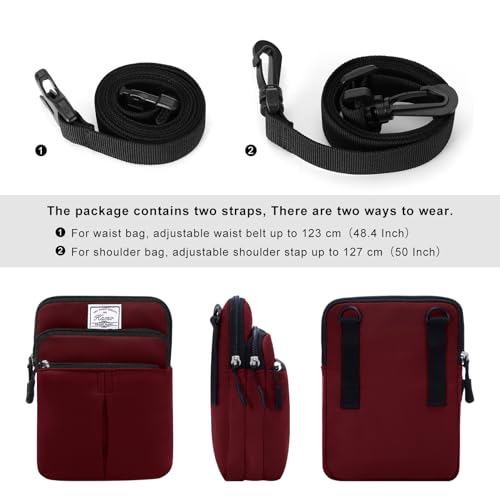 KAMO Multifunction Phone Waist Bag - One Shoulder Diagonal Cross Smart Case - Triple Zip Hipster Crossbody Purse for Women & Men - Outdoor - color: Crimson