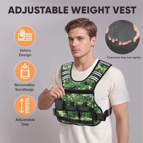 APEXUP Adjustable Weighted Vest, 4-10lb/12-18lb/20-32lb Vest with 6 Ironsand Weights and Large Pocket, Weight Vest for Men Women Strength Training, Running, Walking - color: Green Digi Camo, size: 4-10lbs