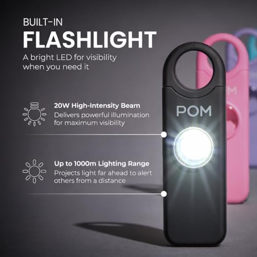 POM Personal Safety Alarm for Women – 130dB Loud Emergency Siren, USB-C Rechargeable with Bright LED Flashlight, Portable Keychain Design for Self Defense, Purse, Backpack & Travel (Black) - color: Black