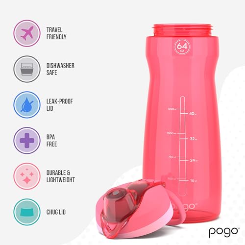 Pogo 64oz Plastic Water Bottle with Chug Lid and Carry Loop, Pink - color: Pink, size: 64 Ounces