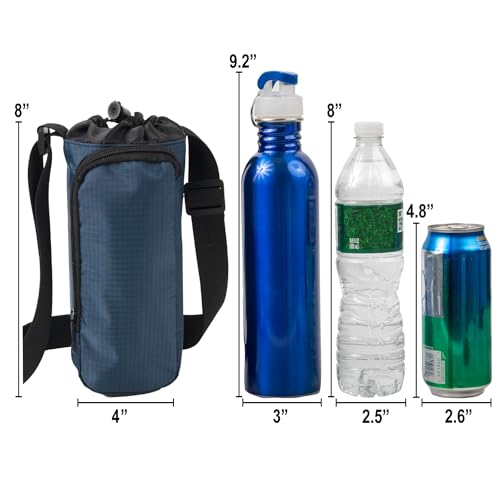 Trail maker Water Bottle Carrier Bag with Strap, Phone Pocket for Walking, Runs, Bike, Stainless Steel, Glass, Plastic - color: Navy