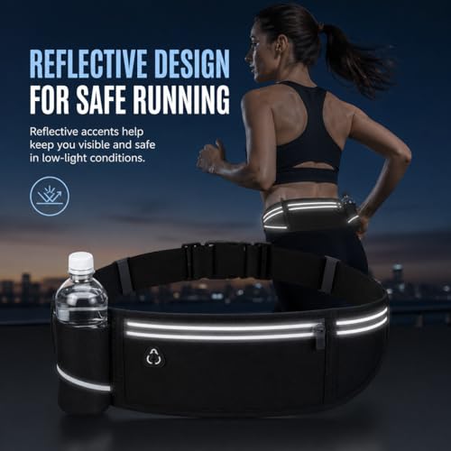 Slim No-Bounce Running Belt - Waterproof Exercise Waist Pack for Marathons, Hiking & Dog Walking - Hidden Travel Money Belt for Phones - color: Black(Bottle Holde)