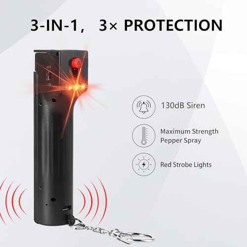Personal Safety Alarm and Pepper Spray Combo for Women self Defense - Max Strength Pepper Gel & 130 dB Siren & Strobe Lights, Flip-top Safety Cap & UV Marking, Spray Canister Replaceable (Black) - color: Black