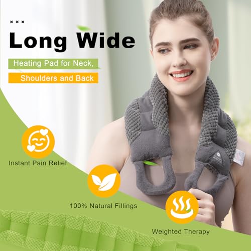 UNCN Long Wide Heating Pad for Neck and Shoulders Back 33x5.9 Microwavable Large Moist Heat Pack Warm Hot Compress Neck Wrap Weighted Bag Massage Reusable Herbal Nature Calming Portable 1.95Pounds - color: Gray