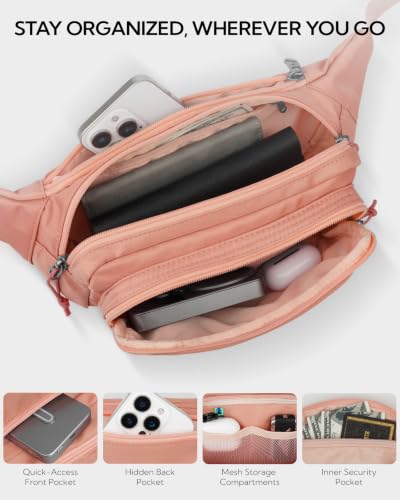 WATERFLY Fanny Pack Waist Bag: 2.5L Large 5 Zipper Pockets for Women Men - color: Pink