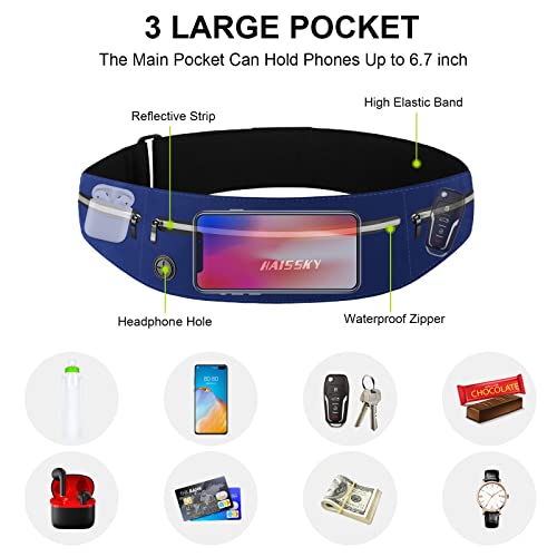 Guzack Slim Running Belt for Phone 6.8'', 3 Pouch Waist Pack - color: Dark Blue