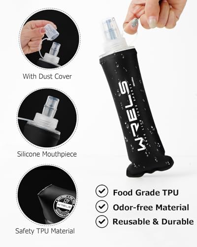 WRELS TPU Soft Flask Lightweight Portable Reusable Water Bottle,BPA Free Collapsible Flask for Hydration Pack in Running Hiking Cycling and Marathon - color: Black-500ML*2