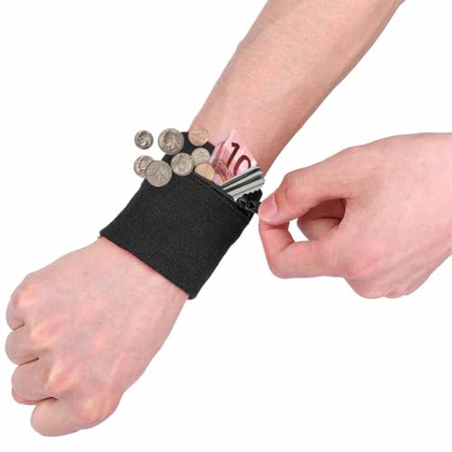 Wrist Band Wallets, Sweat Bands Wristbands Health Gear Sport Coin Keys Storage Pouch Wallets Breathable Pocket Sweatband Wallet with Zipper for Gym Running Basketball Hiking Jogging Black