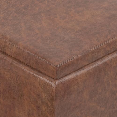 SIMPLIHOME Owen 34" Wide Vegan Leather Tray Top Ottoman in Saddle Brown - color: Distressed Saddle Brown