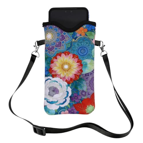 GLOBLELAND Mandala Flowers Nylon Cell Phone Sleeve Pouch Case Bag 7.1×3.9 inch Datura Flowers Shockproof Universal Phone Bag with Crossbody Strap Neck Lanyard for Women Men Phone Headphones Watch - color: Mandala