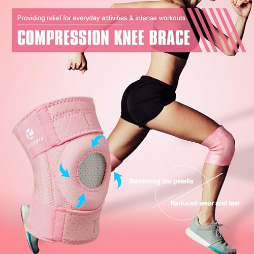 Kuangmi Knee Brace with Side Stabilizers & Patella Gel Pad,Adjustable Compression Knee Support with Arthritis Relief,Injury Recovery,Running,Weightlifting,Climbing(Pink,2-Springs,S/M - color: Pink(2 Springs), size: S/M