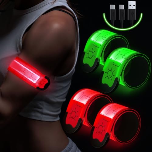 Simket Reflective LED Armband Rechargeable for Running(4 Pack), Running Lights for Runners, Running Lights, High Visibility Reflective Running Gear Adjustable Light Up Arm Bands for Men Women Kids
