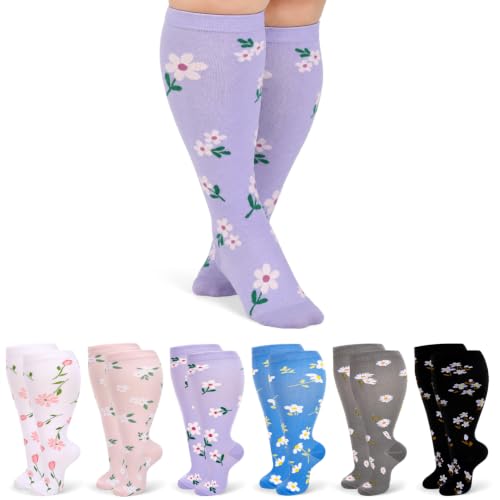 Jspupifip 6 Pairs Plus Size Compression Socks for Women, Wide Calf - color: Black, Pink, Blue, White, Gray, Purple, size: 4X-Large