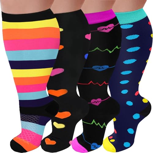 4 Pairs Plus Size Compression Socks,Extra Wide Calf - color: Colorful/Black/Purple/Blue, size: 3X-Large