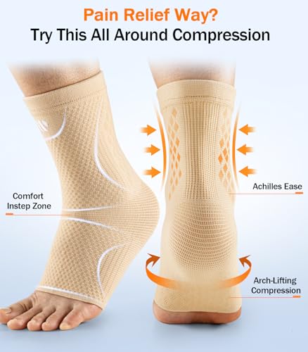 Low-Profile Ankle Braces for Women & Men, Customizable Ankle Compression Sleeve w/Wide Strap, Foot Support Wrap for Plantar Fasciitis Pain Relief, Achilles Tendonitis, Sprain, Beige, 1 Pair, S