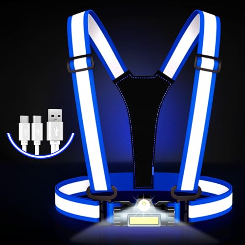 Running Lights for Runners,90°Adjustable LED Reflective Vest Running Gear,Rechargeable Chest Light Up Running Vest Night Walking Safety Gear for Night Walking/Cycling/Jogging - color: Blue
