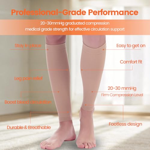 BSERA Calf Compression Sleeve Women, 2 Pairs 20-30mmHg Footless Compression Socks for Swelling Shin Splints Varicose Veins - color: Beige, size: Small
