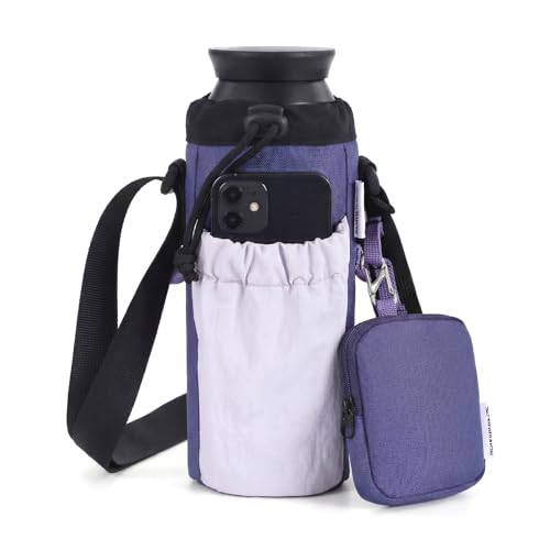 Water Bottle Holder with Strap Fits 16-24oz Bottle, Water Bottle Carrier with Earphone Bag, Hands-Free Crossbody Bottle Bag for Dog Walking, Travel, Hiking & Everyday Use - color: Purple
