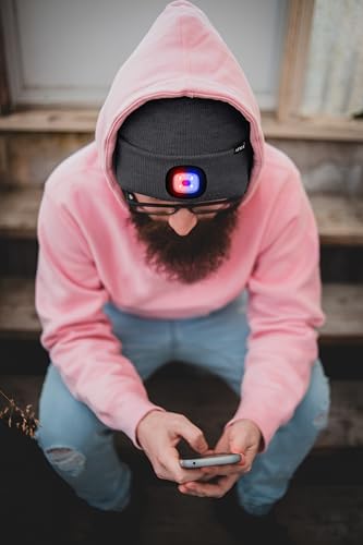 ATNKE LED Lighted Beanie Hat,USB Rechargeable 4 LED Red and Blue Flashing Running Headlamp Cap Gifts for Men and Women - color: #Gun Gray