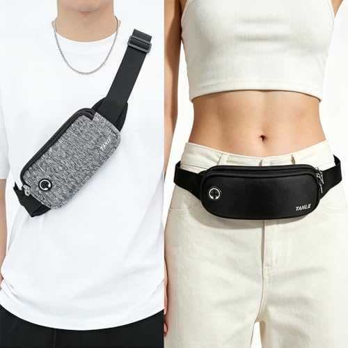2PCS Waterproof Fanny Pack Waist Bag, Slim Sport Hip Pouch Bum Bag with Headphone Hole & Adjustable Strap, Lightweight Fannypack for Running Hiking Travel Women Men