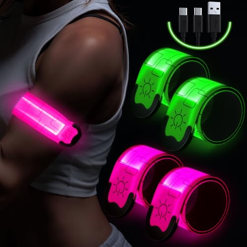 Simket Reflective LED Armband Rechargeable for Running(4 Pack), Running Lights for Runners, Running Lights, High Visibility Reflective Running Gear Adjustable Light Up Arm Bands for Men Women Kids
