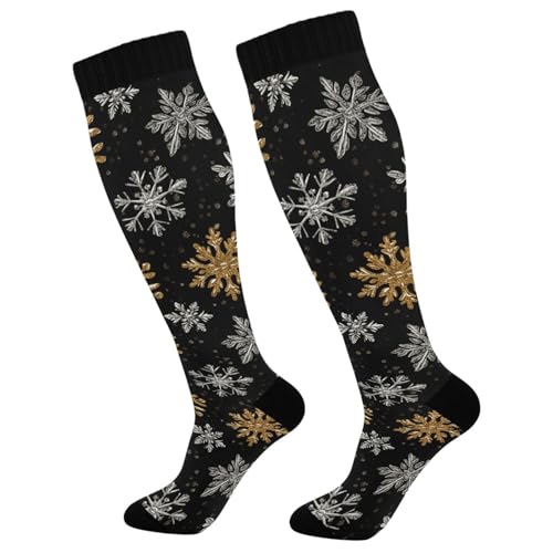 Snowflake Red Christmas Compression Sock for Women Men Funny Support Knee High Socks Running,Nurses,Travel - color: Gold Silver Snowflakes