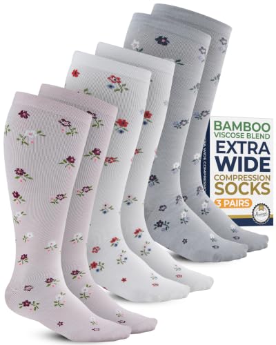 Pembrook® 3 Pairs Plus Size Compression Socks Wide Calf - Bamboo Viscose - color: Little Flowers - 3 Pairs, size: X-Large