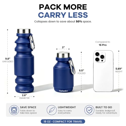 Nefeeko Collapsible Water Bottle, Reuseable BPA Free Silicone Water Bottles - color: Navy Blue-18oz