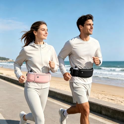 Running Belt with Water Bottle Holder, Large Fanny Pack for Men Women Girls Boys Kids Phone Carry Pouch,Flat Slim Waist Bag Fit Hydration Hiking Runner Walking Workout Gym Sport Travel - color: 02-Pink