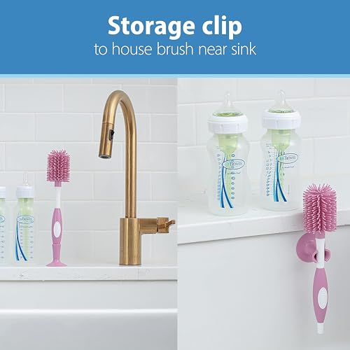 Dr. Brown's Soft Touch No Scratch Baby Bottle Cleaning Brush Nipple Cleaner with Stand and Storage Clip, BPA Free, Pink (Pack of 2) - style: 2 Pack, Pink