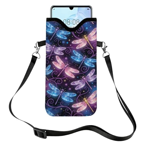 GLOBLELAND Dragonfly Nylon Cell Phone Sleeve Pouch Case Bag 7.1×3.9 inch Insect Shockproof Universal Phone Bag with Crossbody Strap Neck Lanyard for Women Men Phone Headphones Watch Multicolor - color: Dragonfly