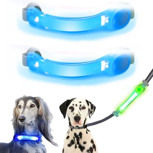 Dog Leash Light 2 Pack, LED Night Walking Safety Light for Collar Harness, Waterproof Glow Band with Nylon Stickers, Easy Clip-on Attachment for Small Large Dogs - color: Blue+Blue