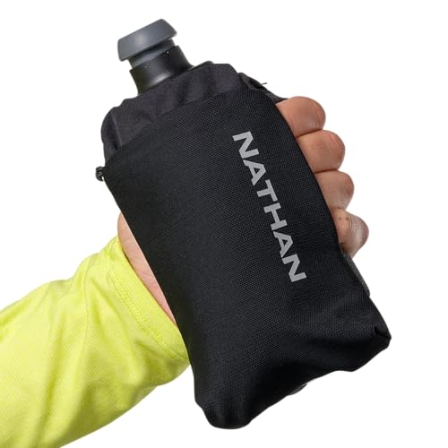 Nathan SpeedDraw 2 Handheld Running Water Bottle Flask – Ergonomic Grip, Blast Valve Cap, Phone & Key Storage Pockets, Reflective Design - 12oz, Black - color: 12oz - Black