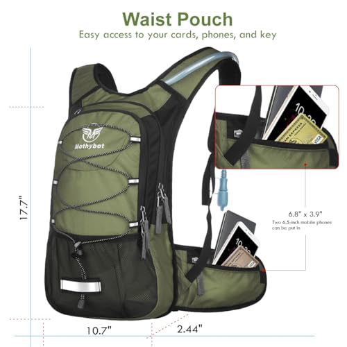 Mothybot Insulated Hydration Backpack Pack with 3L BPA Free Leak Proof Water Bladder, Large Storage Lightweight Hiking Daypack with Waist Pouches & Cooler Layer, for Running, Biking, Camping, Festival - color: Olive