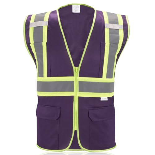 High Visibility Reflective Safety Vest with Zipper and Pockets Purple,L - color: Purple, size: Large