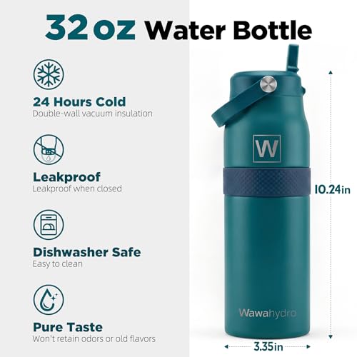 32 oz Insulated Water Bottle with Straw, Leakproof Stainless Steel Bottle with Handle, Non-Slip Silicone Sleeve, Internal Markings, Dishwasher Safe for Travel, Gym, Sports, Turquoise - color: Turquoise