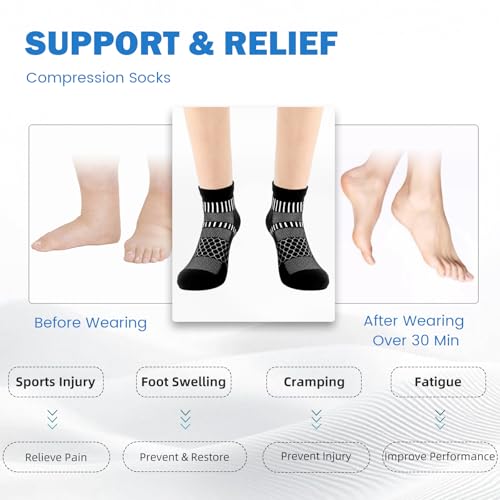 IRAMY Ankle Compression Socks for Women Men Cushioned Athletic Running Socks Plantar Fasciitis Relief 2/3/4/5/6 Pairs - color: Black(2 Pairs), size: Medium