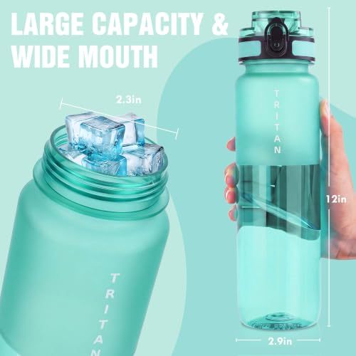 OLDLEY 32oz Sports Half-Frosted Clear Water Bottle with Anti-Dust Chug Lid - color: Half‑Frosted Mint, size: 32 Ounces