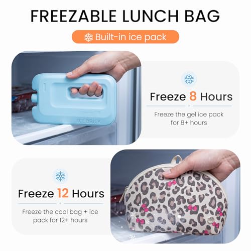 MEXS Small Cooler Bag, Freezable Snack Bag for Kids & Adults, Small Insulated Lunch Bag with Upgraded Thicker Ice Pack, Reusable Mini Cooler for Work/School/Travel - color: Leopard Bow