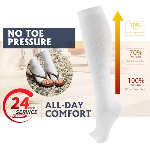 Compression Socks for Women&Men 20-30mmHg Graduated Knee High Stocking - color: 02-5 Pairs Open Toe White, size: XX-Large-3X-Large