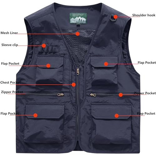 Men's Utility Fishing Cargo Vest Outdoor Lightweight Safari Travel Photo Vest Hiking Waistcoat With Multi Pockets - color: Blue, size: Small