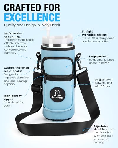 Sports rabbit Universal Water Bottle Holder with Strap & Phone Pocket - color: Blue, size: 30OZ