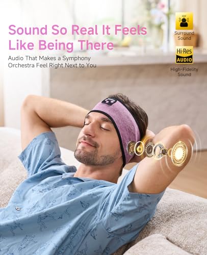 Perytong Sleep Headphones Wireless, Bluetooth Headband Sports Sleeping Headphones Sleep Mask Earbuds Breathable Wireless Music Headband for Side Sleepers Sleeping Travel Workout Running Air Travel - color: HB Purple