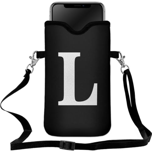 Men Women Universal Neoprene Cell Phone Pouch Sleeve 7.5 X 4.3 in Smart Mobile Protection Case Bag with Crossbody Strap/Neck Lanyard Privacy Case Covers Letter L
