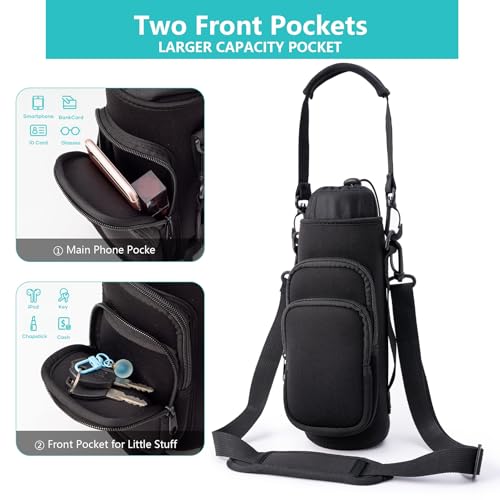 linmaya Water Bottle Carrier Bag,Water Bottle Holder with Straps Phone Pockets Fits Stanley IceFlow Owala 16/24/32/40oz Tumbler - color: Black, size: 16-40 Oz wihtout Handle
