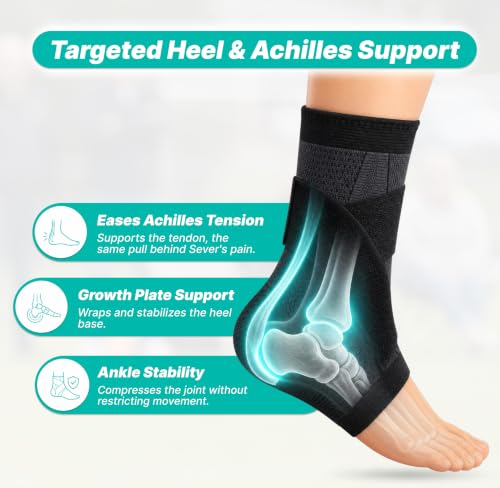RecoverX Youth Heel & Ankle Sleeve for Kids, Sever's Disease, Heel Pain Relief & Growth Plate Support, Compression Brace for Soccer, Basketball & Running - Black (Medium) - 1 Sleeve - size: Medium
